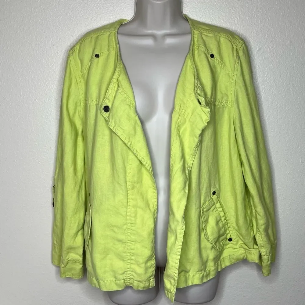 Chicos Drape Front Easy Linen Jacket Chartreuse Roll Tab Sleeve Women Size Large